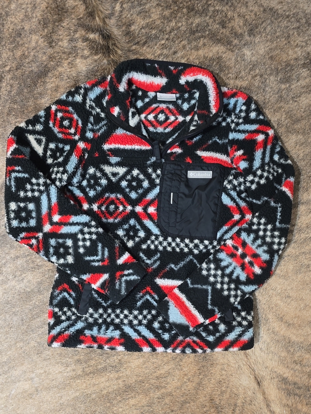 Columbia XS Womens Black, Red & Light Blue Geometric Zip-Neck Fleece